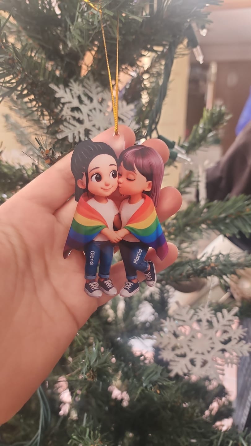 Customer photo review of Pride Month LGBT Couple Love Is Love Personalized Acrylic Christmas Ornament