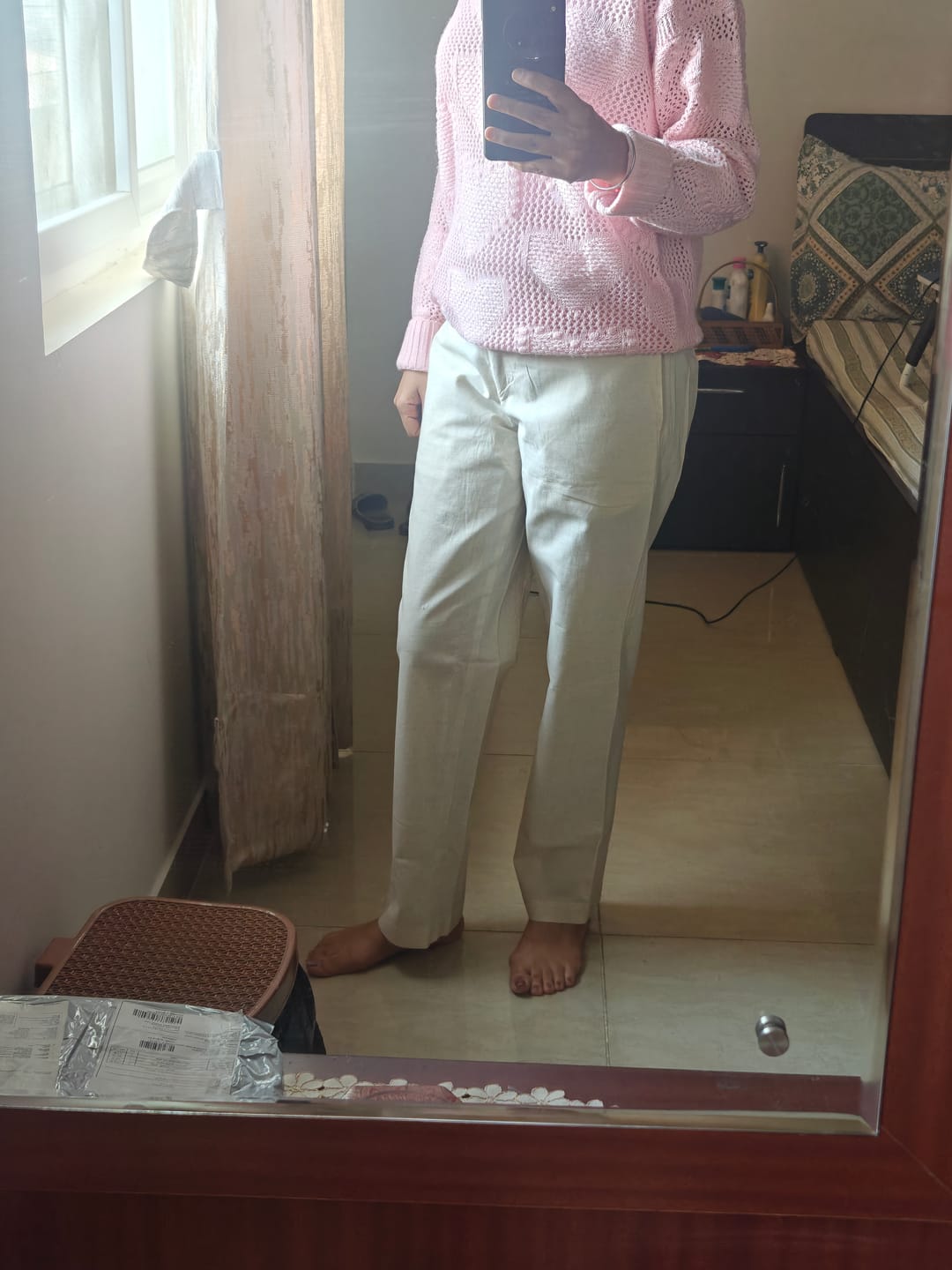 Customer photo review of Women Ecru Airy Linen Straight Pants