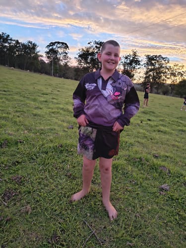 Customer photo review of Footy Shorts - Pig Dog Black Purple Stripe