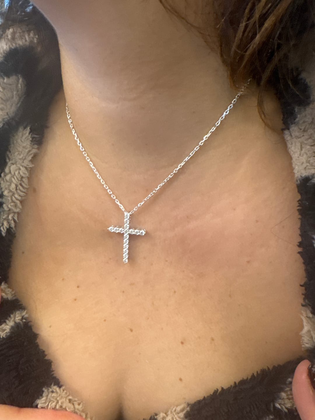 Customer photo review of White Gold 2ct Moissanite Cross Silver Dazzle Pendant Necklace