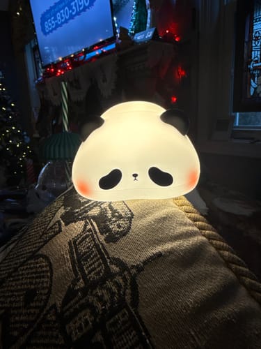 Reviewer's Cute Panda Night Light turned on, providing a warm glow in a dimly lit room.