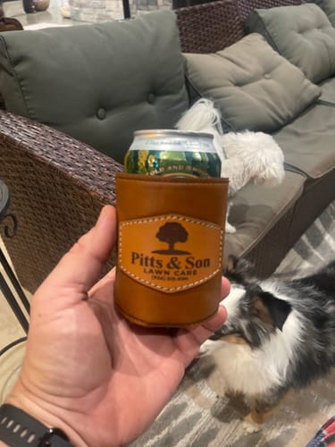 Customer photo review of Custom Leather Koozies Can Cooler Sleeves Neoprene Authentic Leather Patch