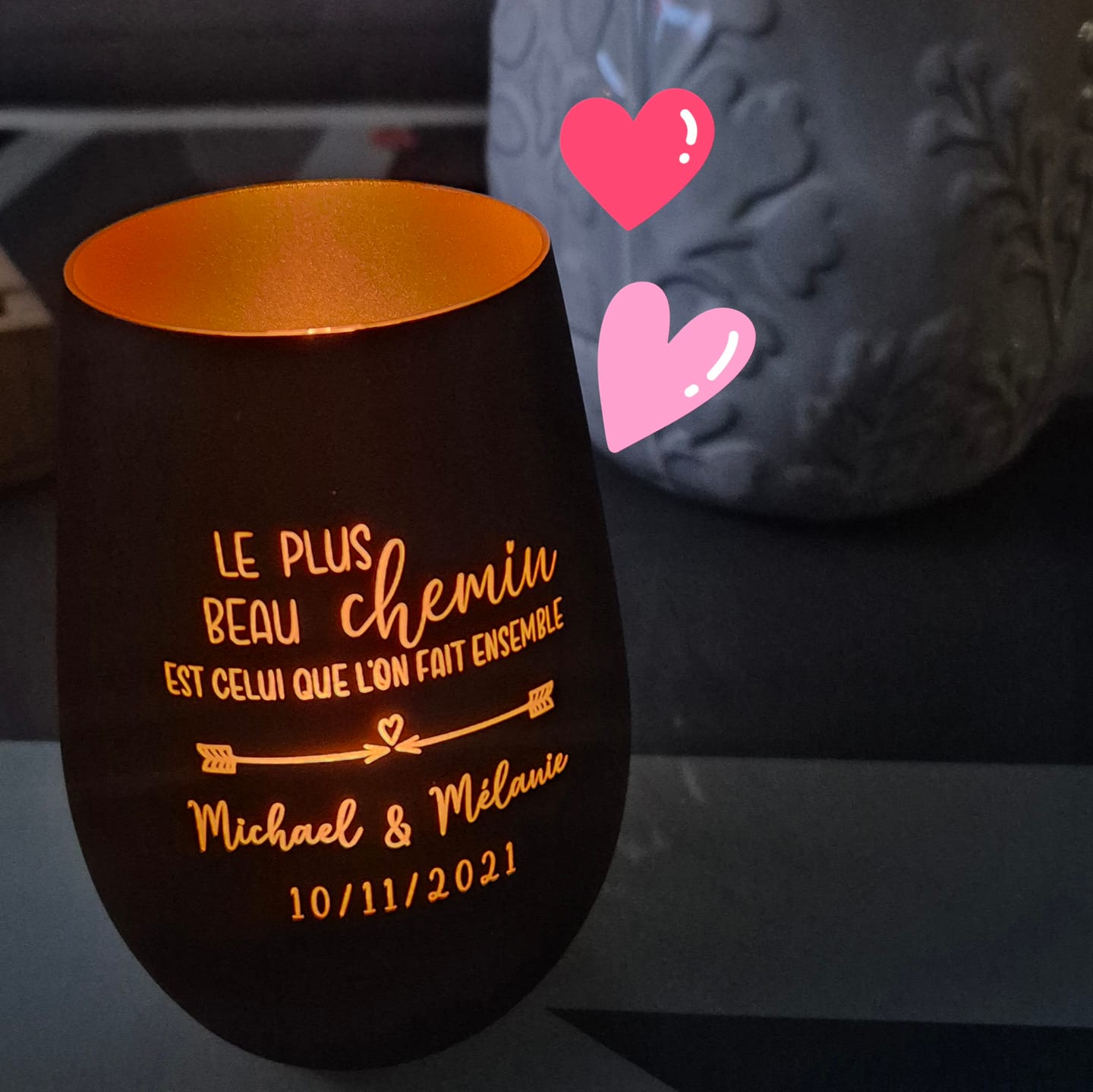Customer photo review of Chemin commun - Photophore personnalisé pour les couples