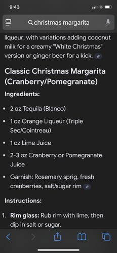 Customer's screenshot of a Christmas Margarita recipe on a phone screen.