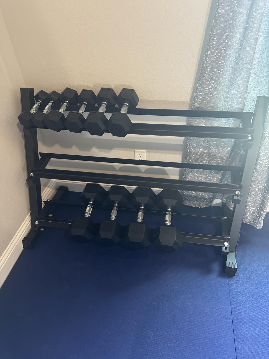 Customer photo review of Rubber Hex Dumbbells Set with Rack