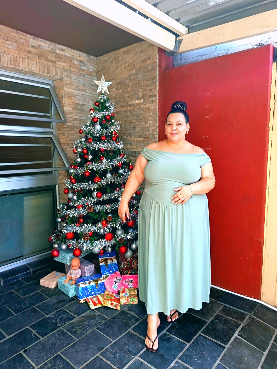 Customer photo review of Mint Cowl Neck Drop Waist Midi Dress