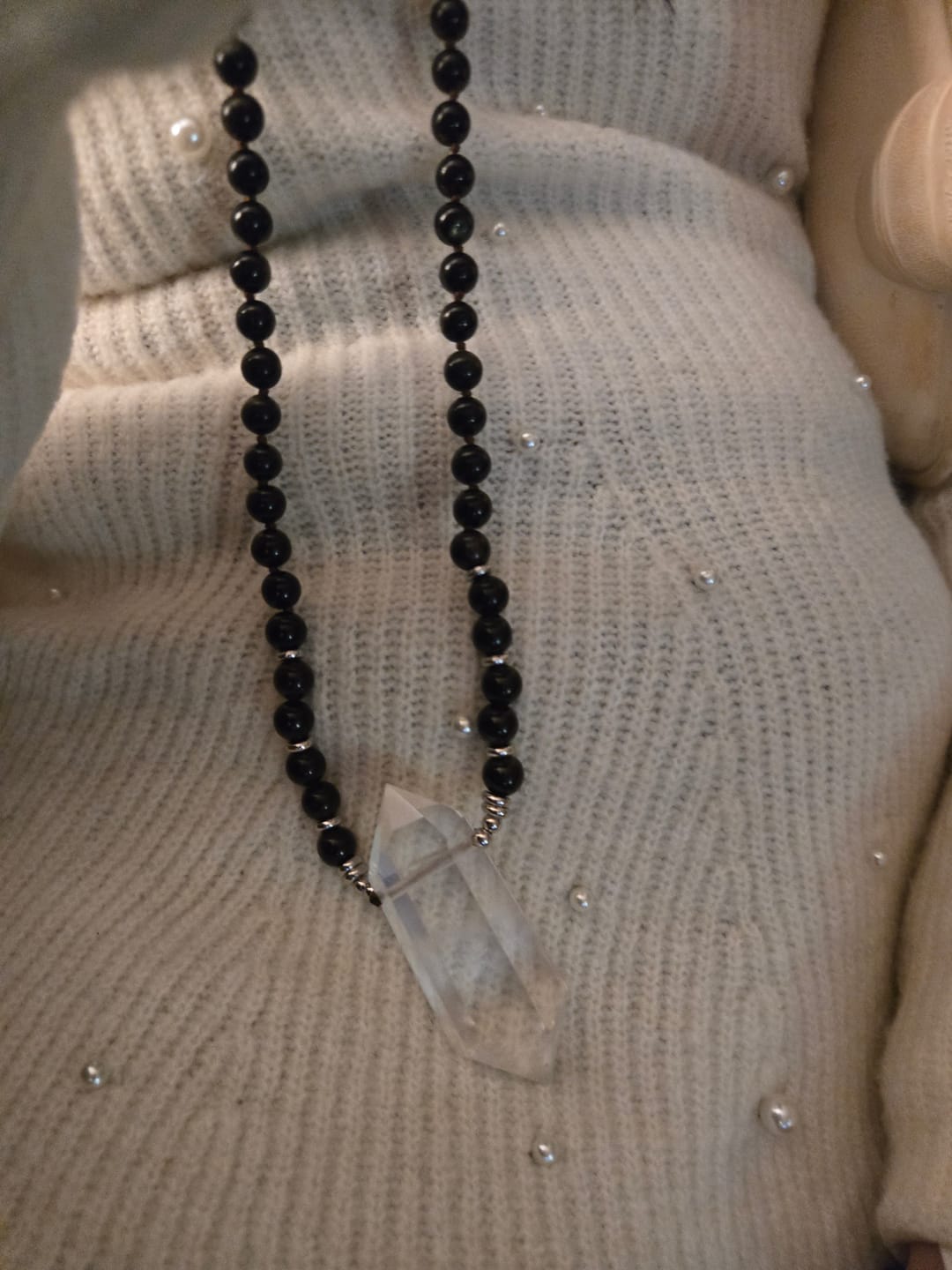 Customer photo review of Natural Gold Sheen Obsidian & Clear Quartz Wand Necklace