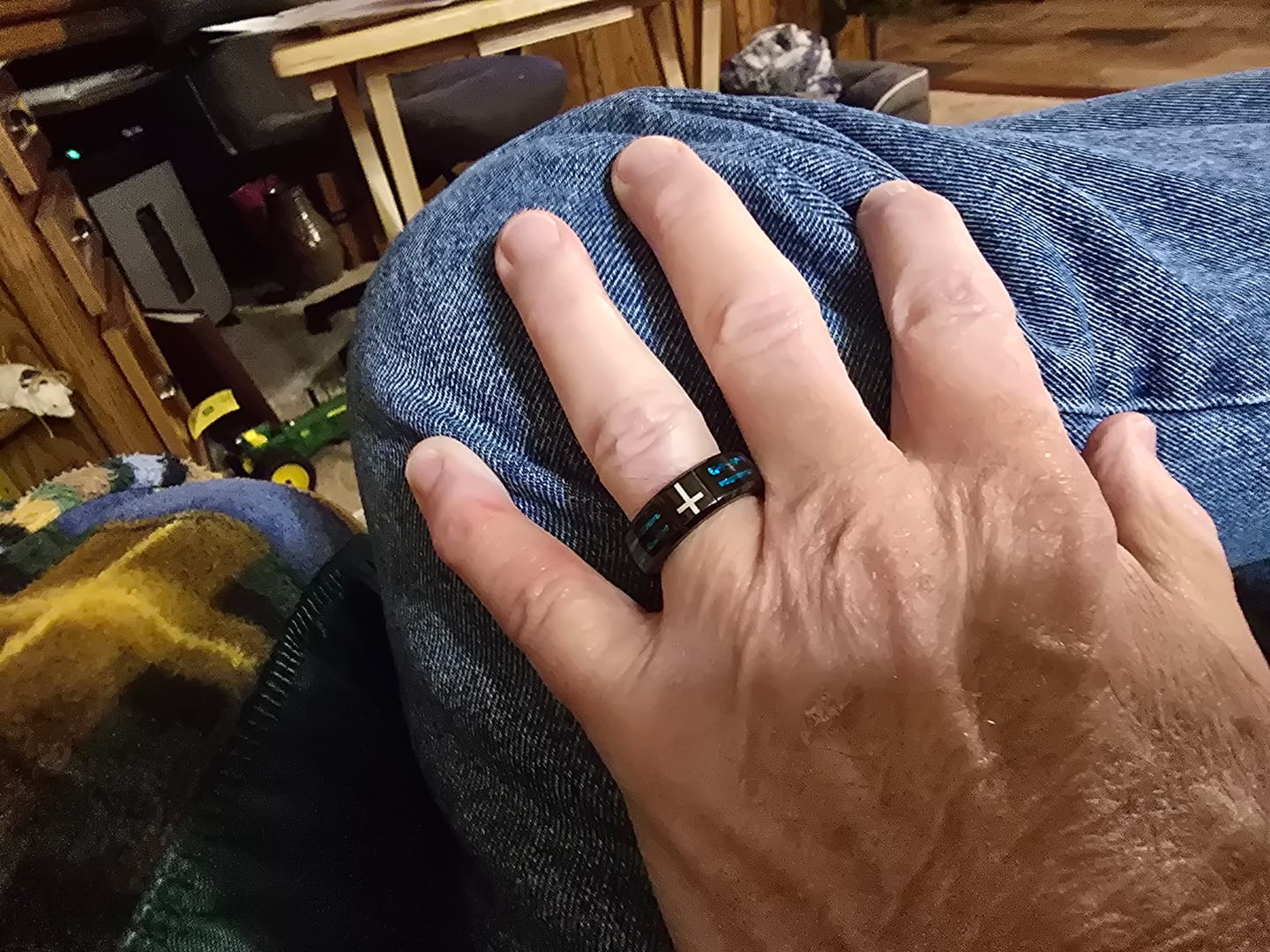 Customer photo review of FREE Today: Modern Titanium Steel Cross Ring with Laser Blue Inlay: Serenity in Christ's Blue Light