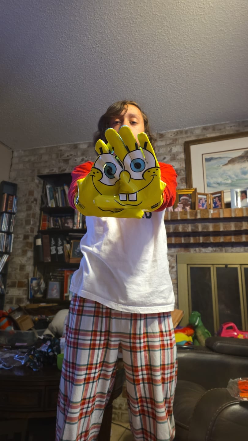 Customer photo review of SpongeBob Football Gloves - VPS5 By Phenom Elite
