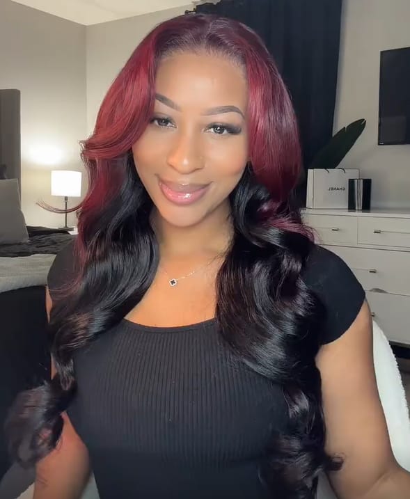 Customer photo review of Wavymy Cherry Burgundy Ombre Body Wave Wear Go Glueless 7x5 Lace Wigs Human Hair Customized Color Wigs