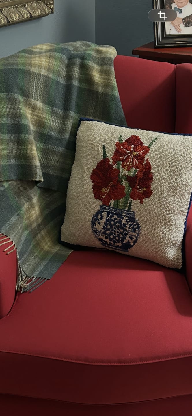 Customer photo review of Christmas Amaryllis Wool Hooked Pillow 16 x 16