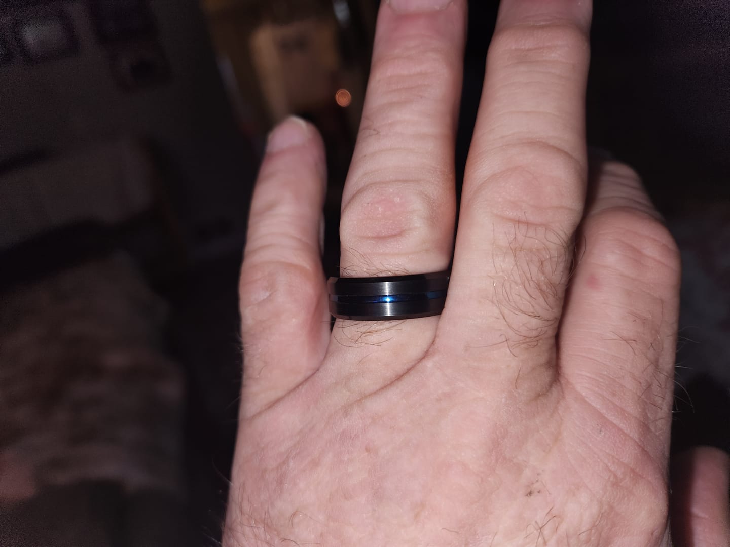 Customer photo review of 8mm - Black & Blue Tungsten Carbide Ring  Grooved Beveled Edges Wedding Band