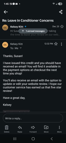 Reviewer's screenshot of a customer service email regarding their concerns about the Leave-In Conditioner.