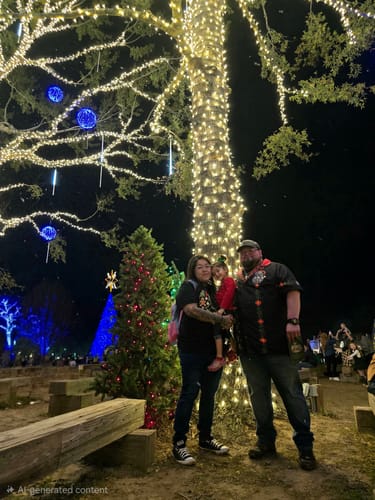 Reviewer wearing the El Sancho Clause Guayabera shirt while posing with family in front of holiday lights.