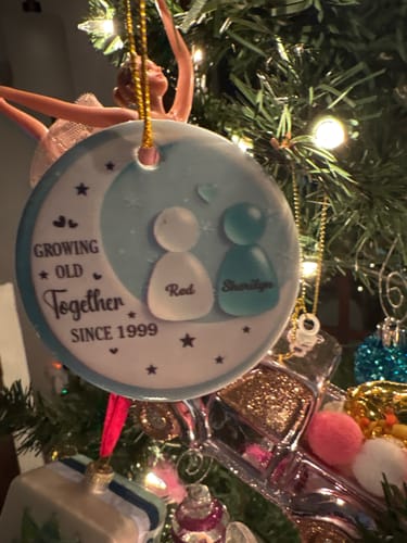 Customer photo review of Personalized Sea Glass Couple On Moon Ceramic Acrylic Ornament With Names | Romantic Gift For Husband Wife