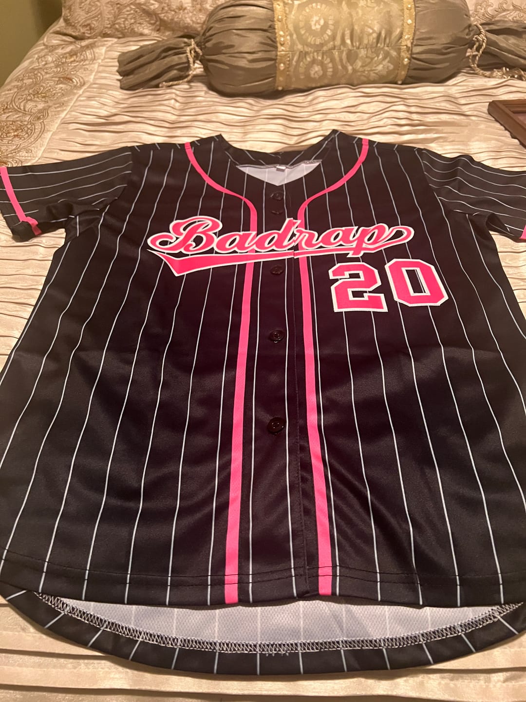 Customer photo review of Custom Black Pink-Light Gray Stripe Fashion Design Full Button Authentic Baseball Jersey