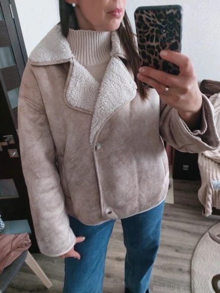 Customer photo review of Blythe Sherpa Faux Leather Jacket