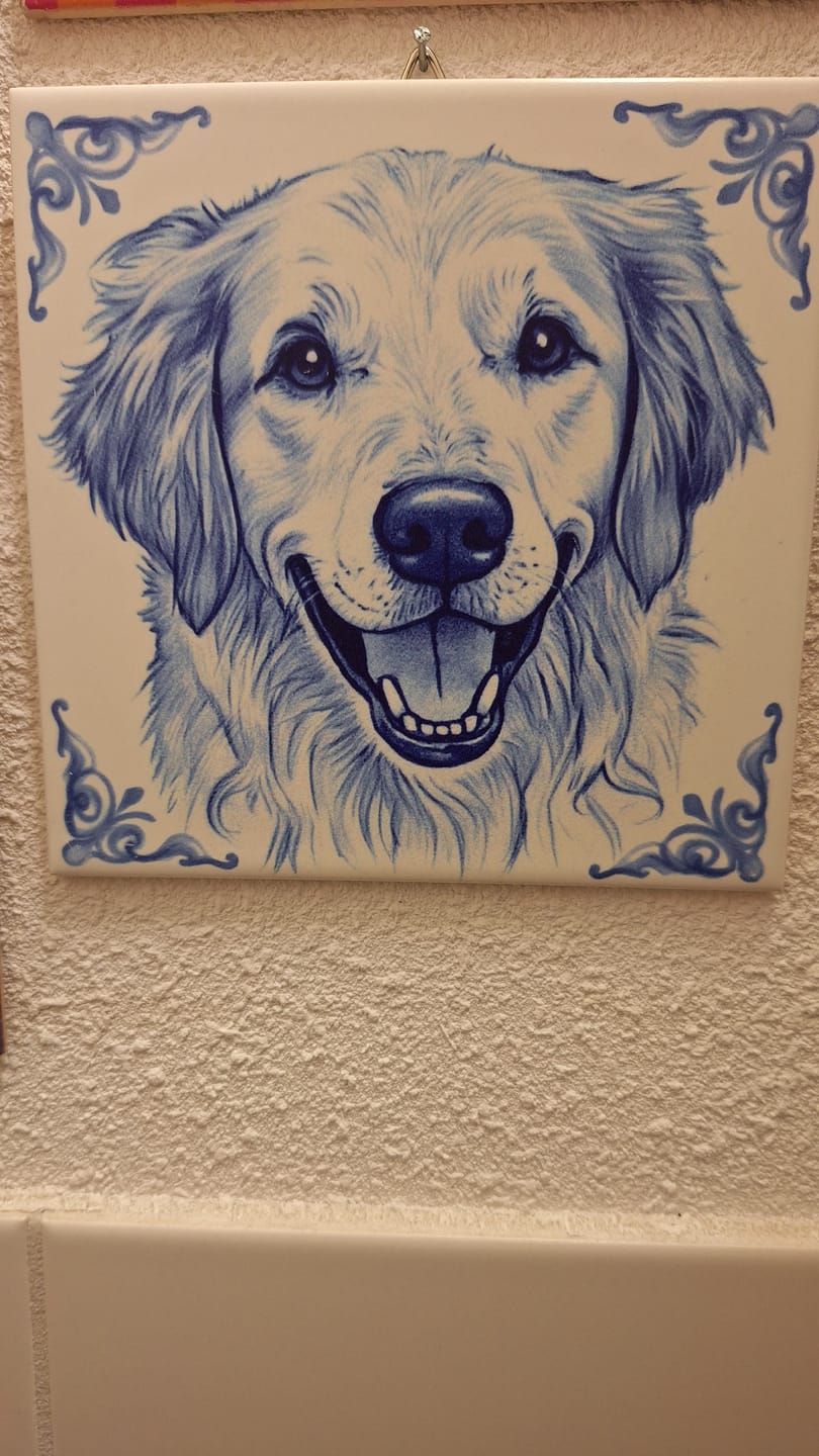 Customer photo review of Delfts Blauw tegeltje bedrukken met jouw eigen huisdier