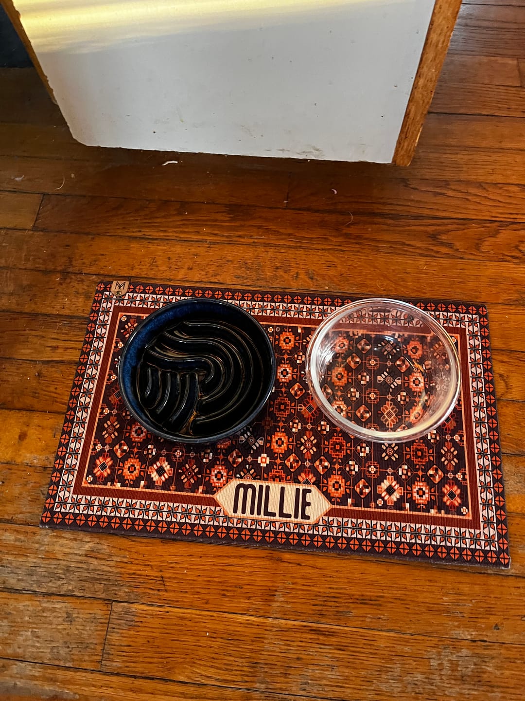 Customer photo review of Dog Bowl Mat, Nonslip, Machine Washable - Harry // Personalization: MILLIE