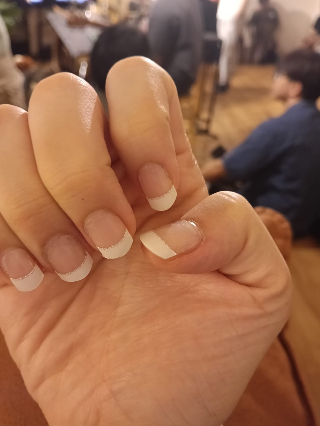 Customer photo review of White French Tip Glitter DIY Semicured Gel Nail Sticker Kit