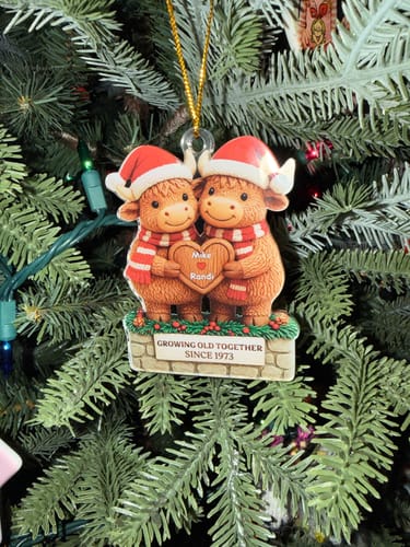 Customer photo review of Personalized Highland Cow Couple Christmas Ornament - Custom Names & Year |Growing Old  Together Anniversary Gift &  Christmas Gift For Couple