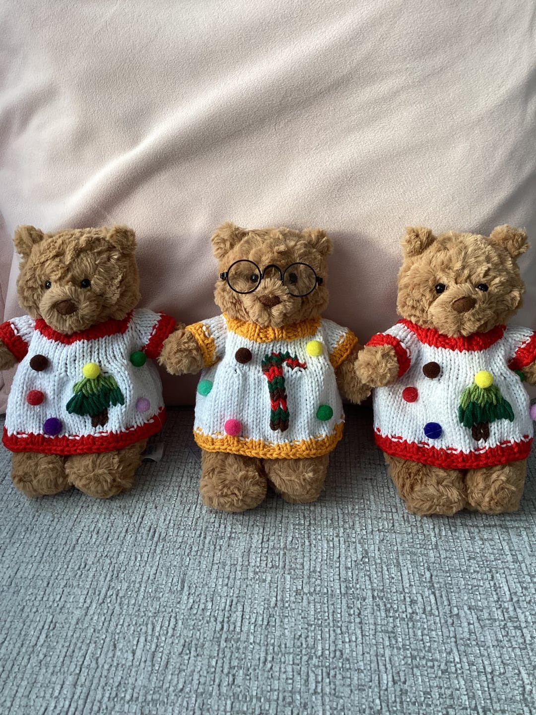 Customer photo review of Bart Bear Christmas Jumpers – Handmade Knit Sweaters for Jellycat Bartholomew (Custom Sizes)