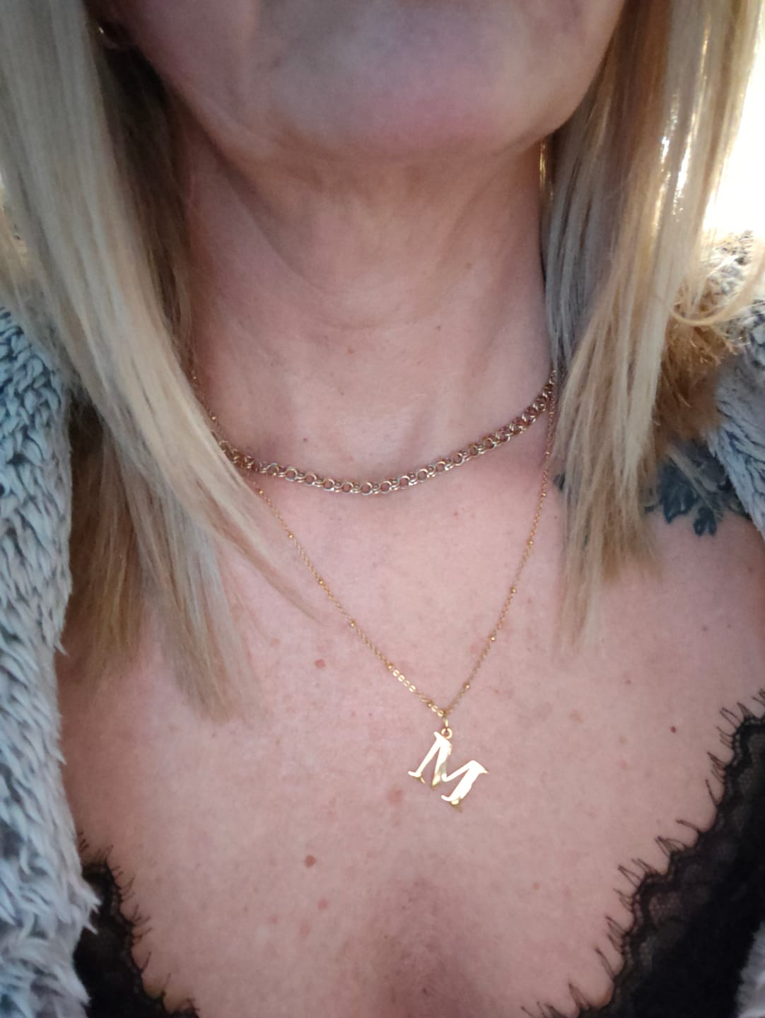 Customer photo review of M Initial Pendant Necklace + FREE Diamond Studs Gold