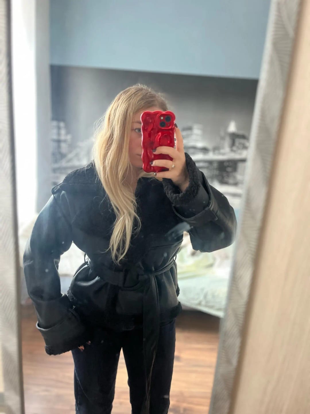 Customer photo review of Alessia Short Belted Faux Leather Jacket