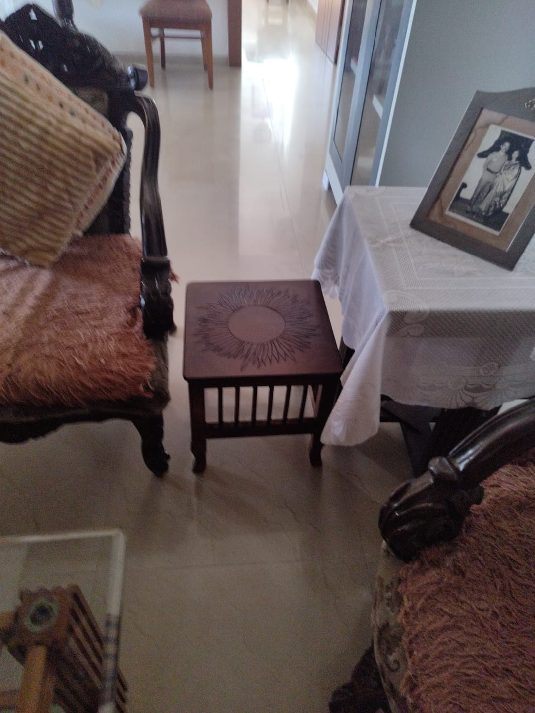 Customer photo review of Mango Wood Walnut Finish Handmade Carving Classic Side Table for Living Room