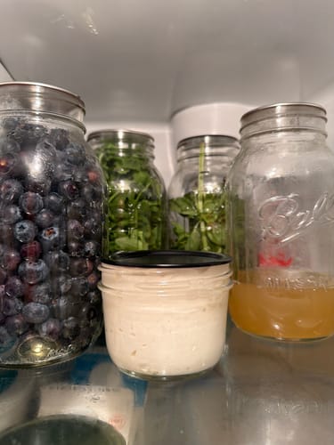 Customer photo showing unlabeled glass jars of blueberries and herbs in a refrigerator.