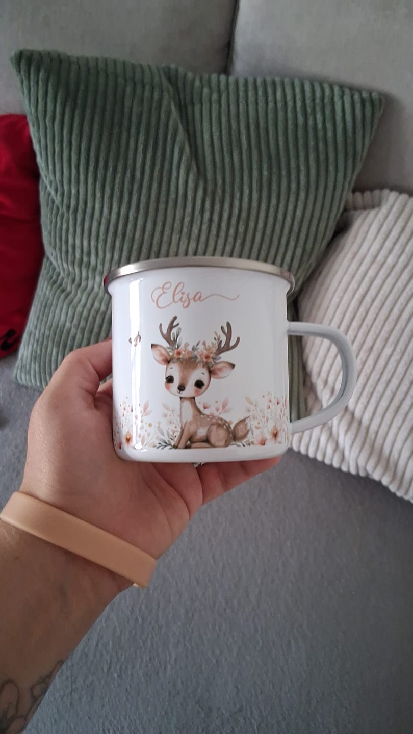 Customer photo review of Emaille Tasse personalisiert - Reh und Schmetterling