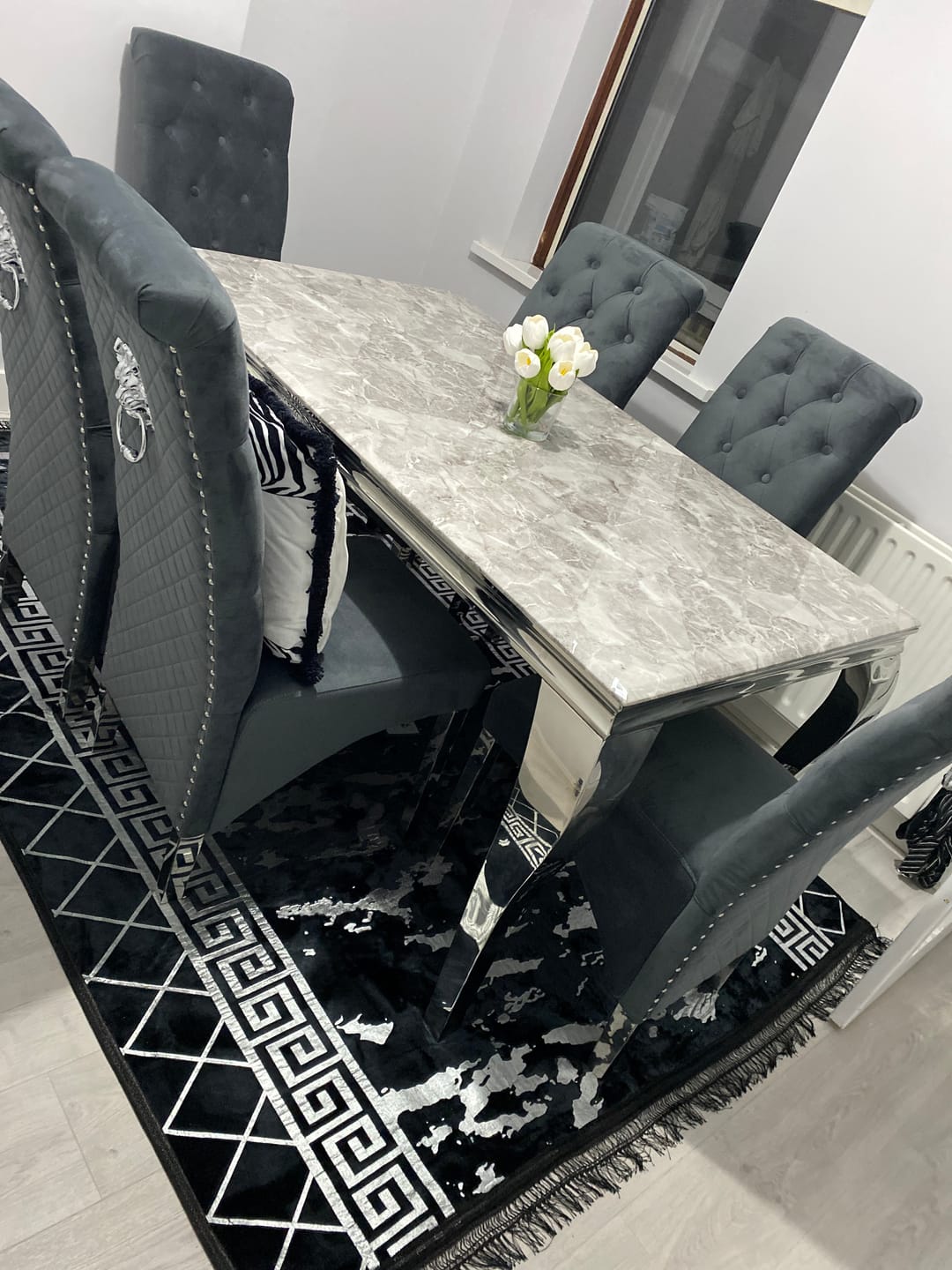 Customer photo review of Vienna Marble Top Dining Set With Lucy Lion Knocker Velvet Chairs