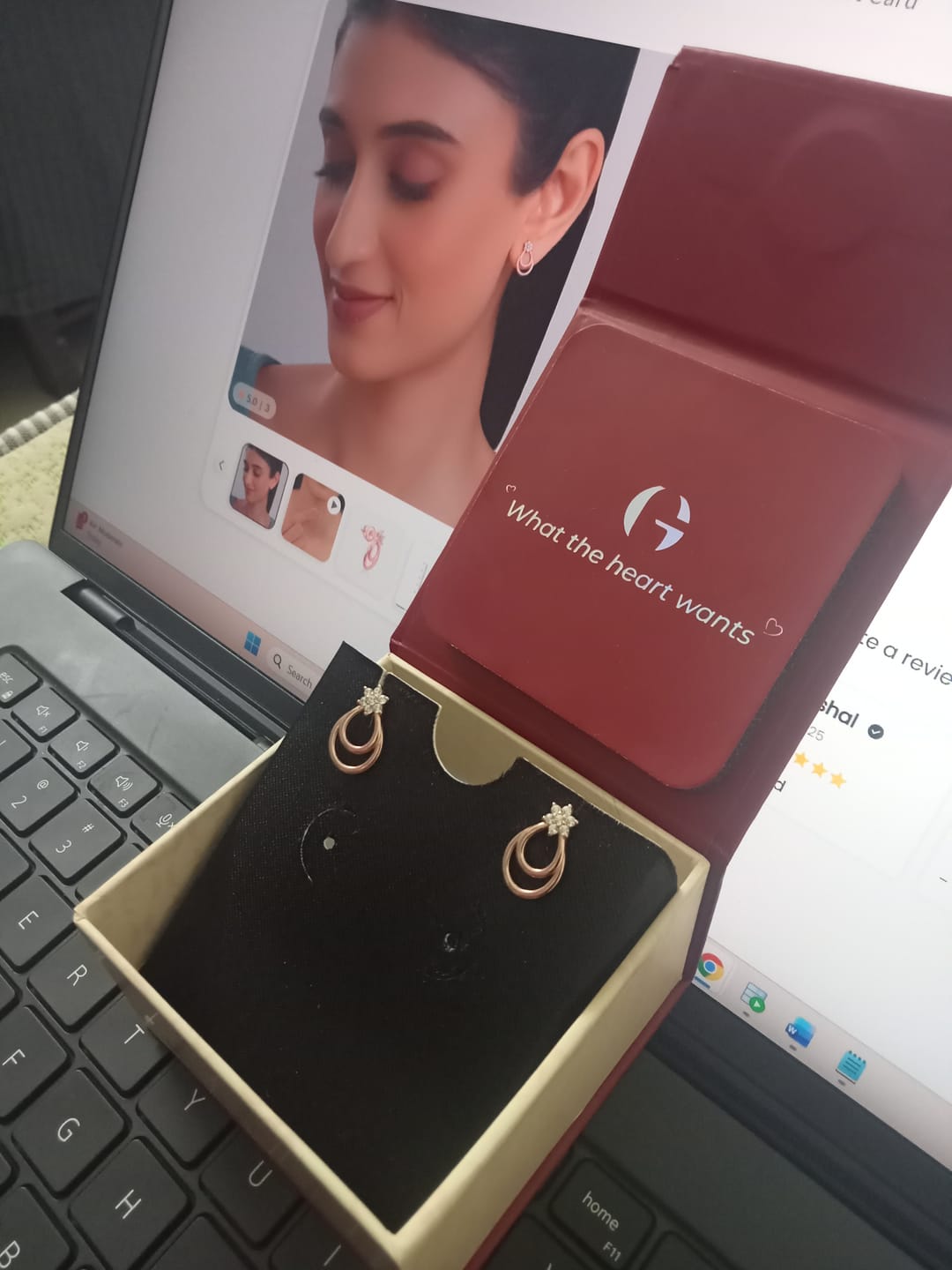 Customer photo review of Rose Gold Cuphea Floral Earrings