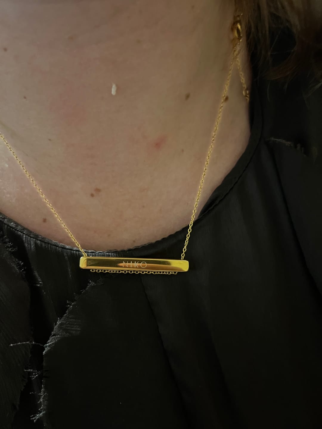 Customer photo review of 4cm Letter Bar Necklace in Gold Horizontal