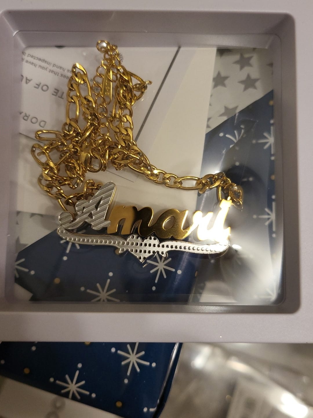 Customer photo review of Kids Double Plated Script Name Necklace w/ Figaro Chain