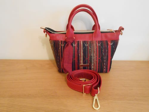 Customer's handmade bag with a matching scarf made from the red Linen Textured Look Cotton Fabric.