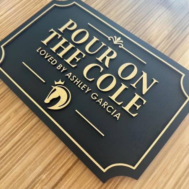 Customer photo review of Personalized Horse Stall Sign – Gold on Black Layered Wood Plaque