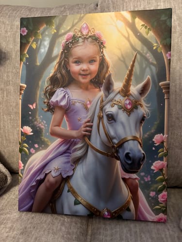 Customer's beautiful Lavender Unicorn Princess portrait on canvas, featuring a young girl riding a white unicorn.