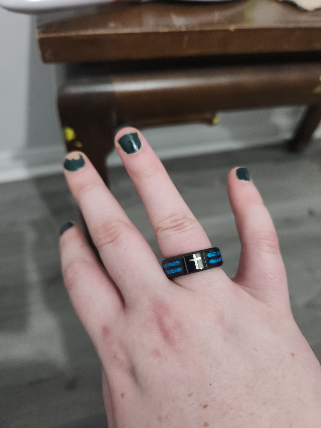 Customer photo review of FREE Today: Modern Titanium Steel Cross Ring with Laser Blue Inlay: Serenity in Christ's Blue Light