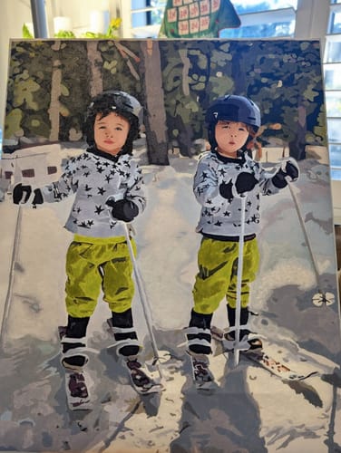 Customer's finished Custom Paint by Numbers Kit artwork of two children skiing.