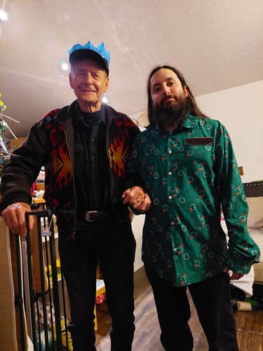 Customer photo review of Leafy Mistletoe Dice Long Sleeve Button Up Shirt