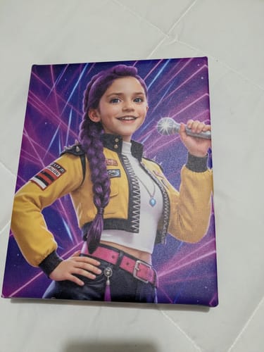 Customer's 'K-Pop Queen The Magic Beats' canvas portrait of a girl with purple hair and a yellow jacket holding a microphone.
