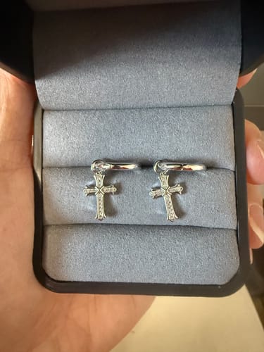 Customer photo review of The Wisdom® -925 Sterling Silver Diamond Iced Out Hoop Dangle Iris Cross Mens Earrings