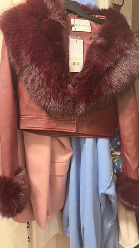 Customer photo review of GISELE-BURGUNDY FAUX FUR JACKET