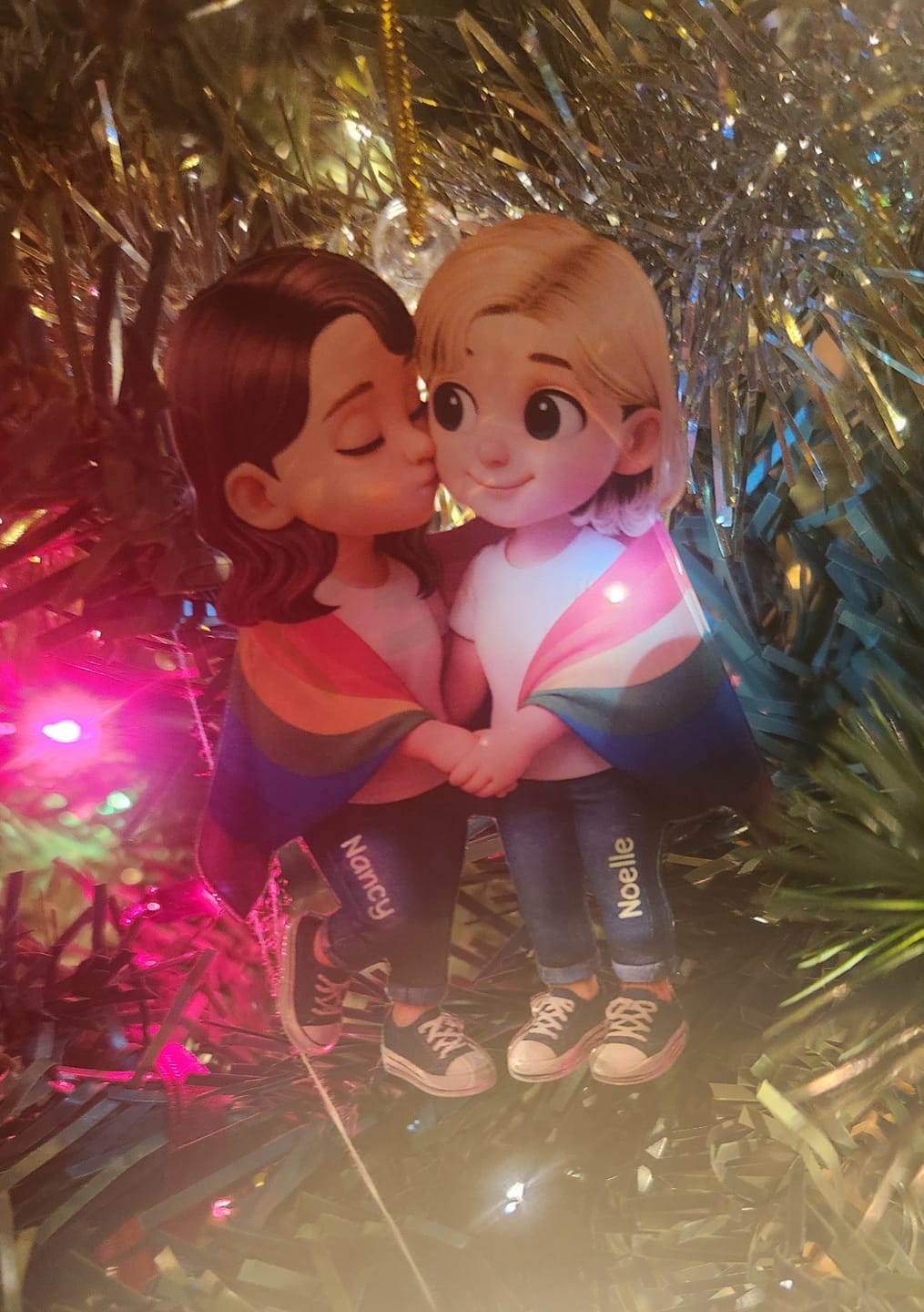 Customer photo review of Pride Month LGBT Couple Love Is Love Personalized Acrylic Christmas Ornament