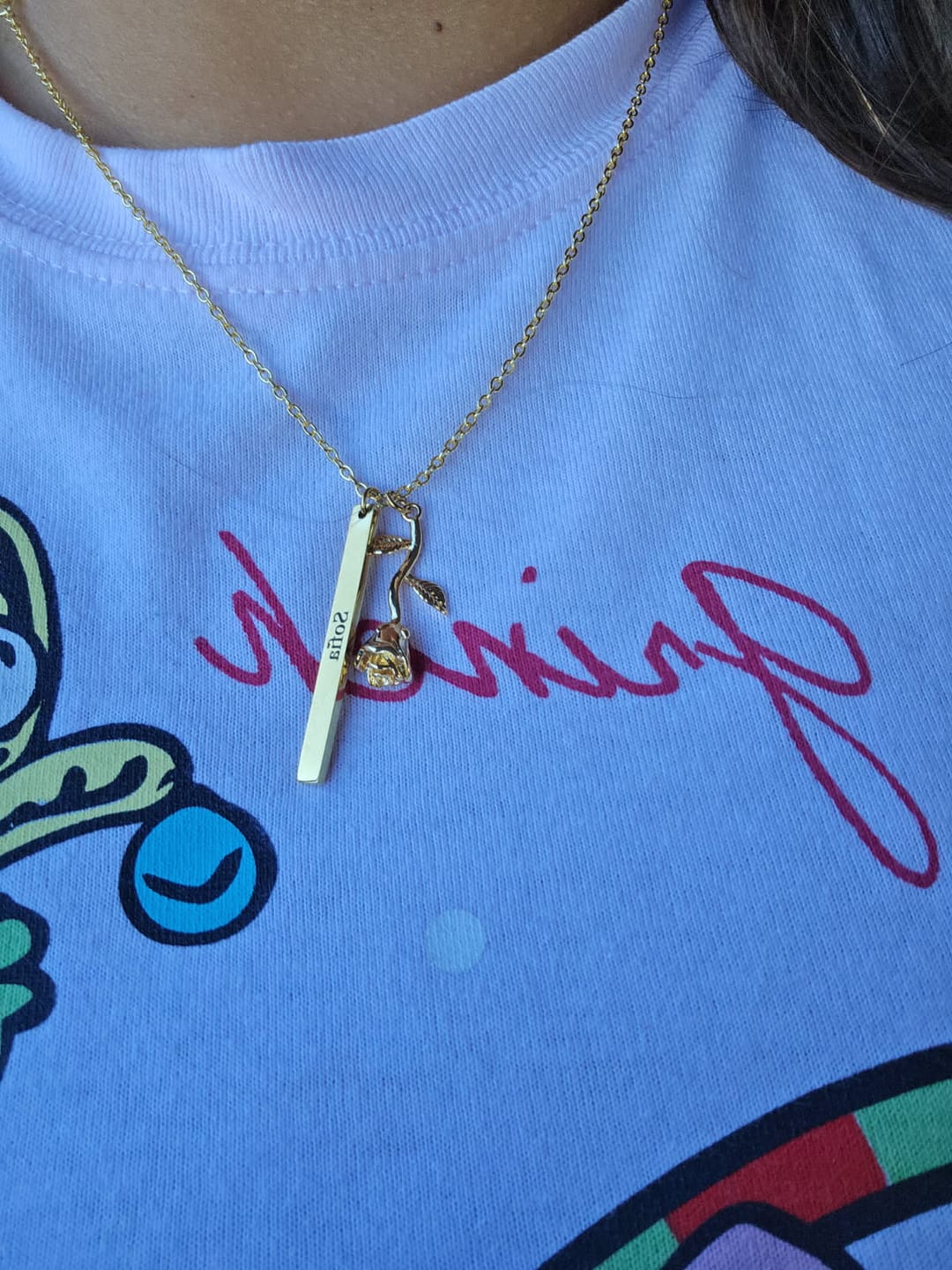 Customer photo review of Engraved Rose Bar Necklace