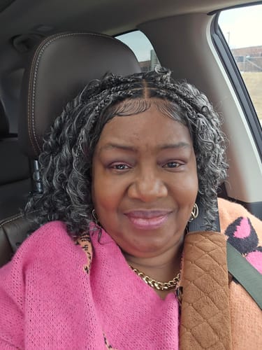 Customer photo review of Kiki - Salt & Pepper 16" Swiss HD Full Lace Lightweight Boho Braided Wig (Human Hair & Synthetic Blend Curls)