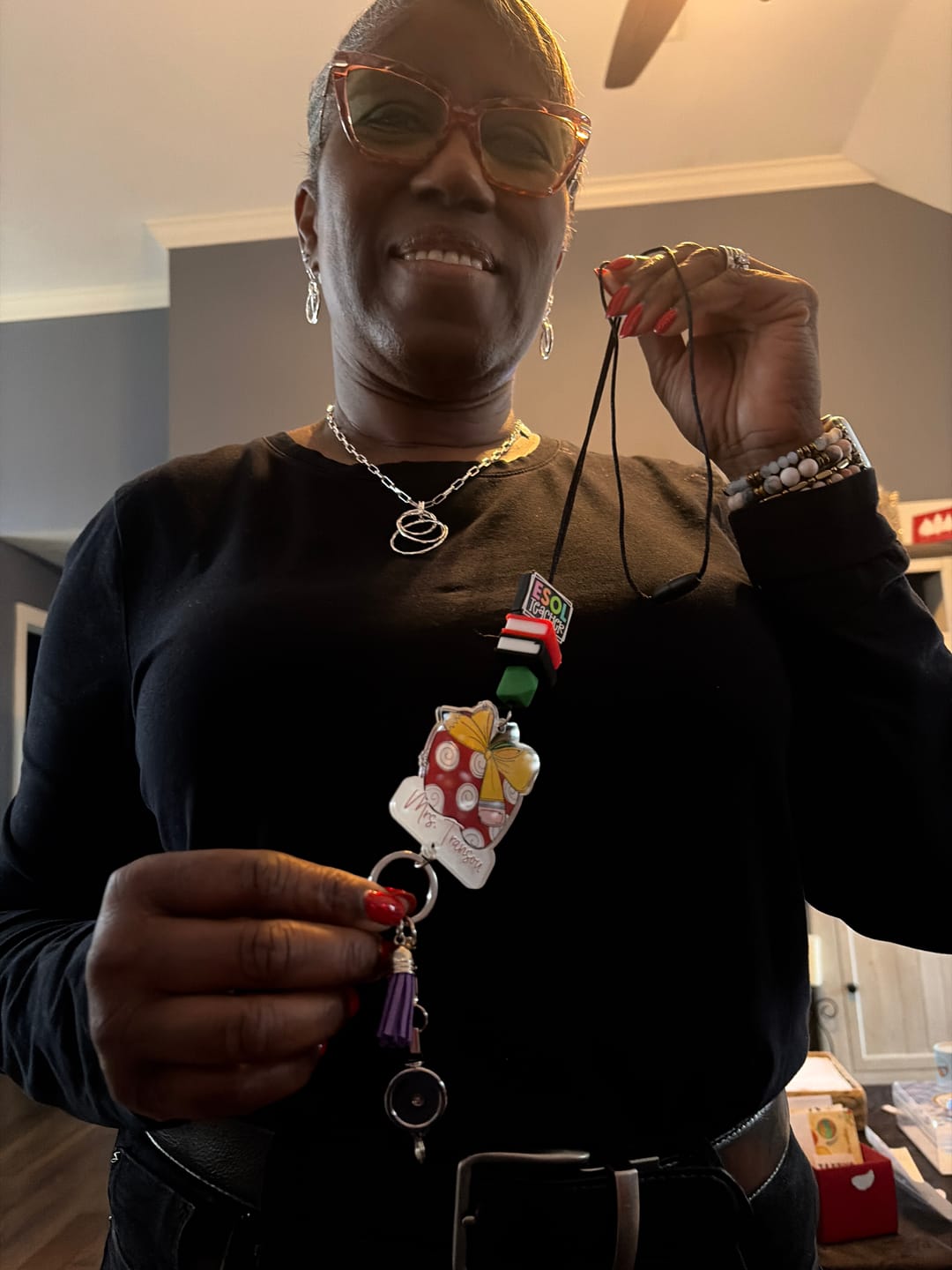 Customer photo review of Printed Shape Acrylic Teacher Lanyard