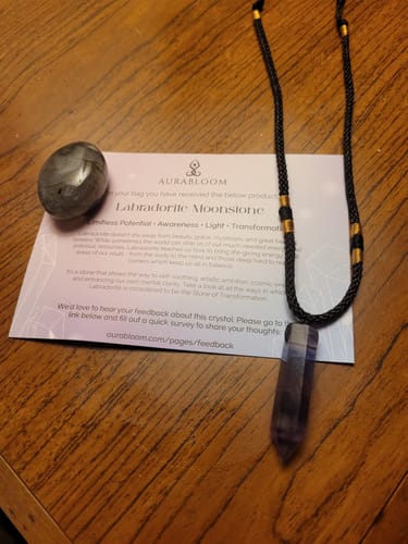 Reviewer shows their VIP Crystal Club delivery: a polished labradorite moonstone and a purple crystal necklace.