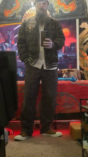 Customer photo review of [Pre-order] Wool-Blend Tweed Check Baseball Jacket with Tiger Embroidery
